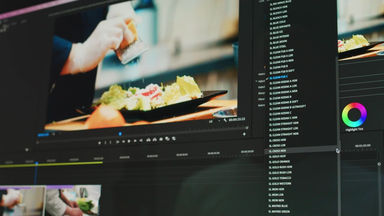 A video editing timeline and colour controls